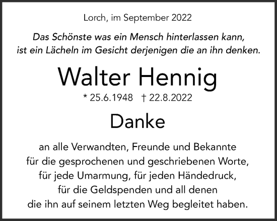 Traueranzeige von Walter Hennig von Gmünder Tagespost
