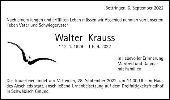 Traueranzeige von Walter Krauss von Gmünder Tagespost