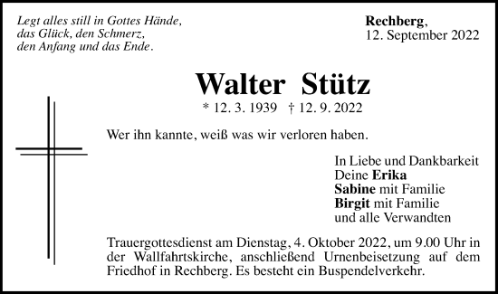 Traueranzeige von Walter Stütz von Gmünder Tagespost