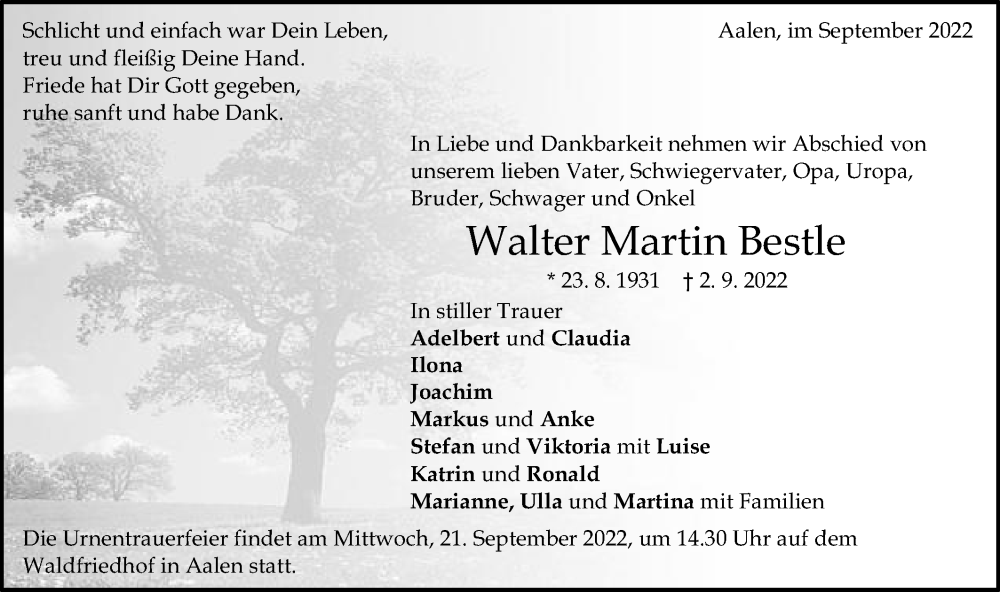  Traueranzeige für Walter Martin Bestle vom 17.09.2022 aus Schwäbische Post