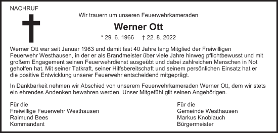 Traueranzeige von Werner Ott von Schwäbische Post