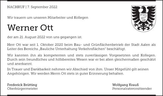 Traueranzeige von Werner Ott von Schwäbische Post