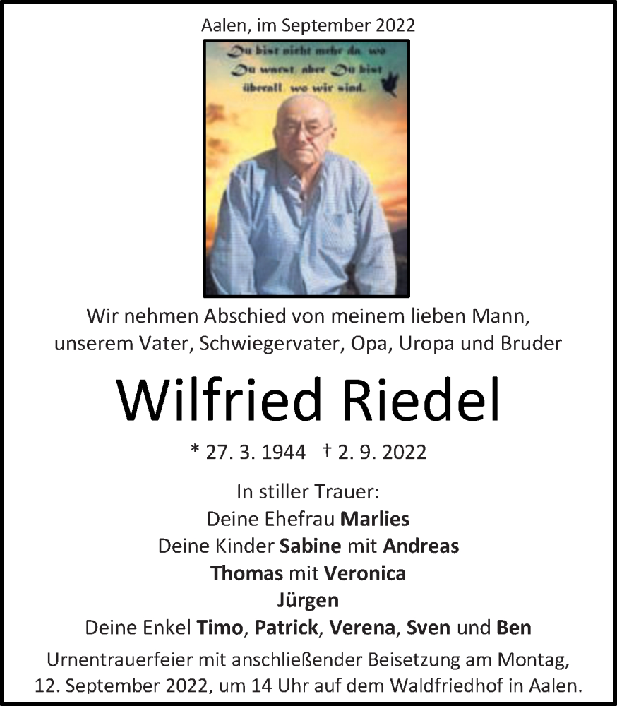  Traueranzeige für Wilfried Riedel vom 10.09.2022 aus Schwäbische Post