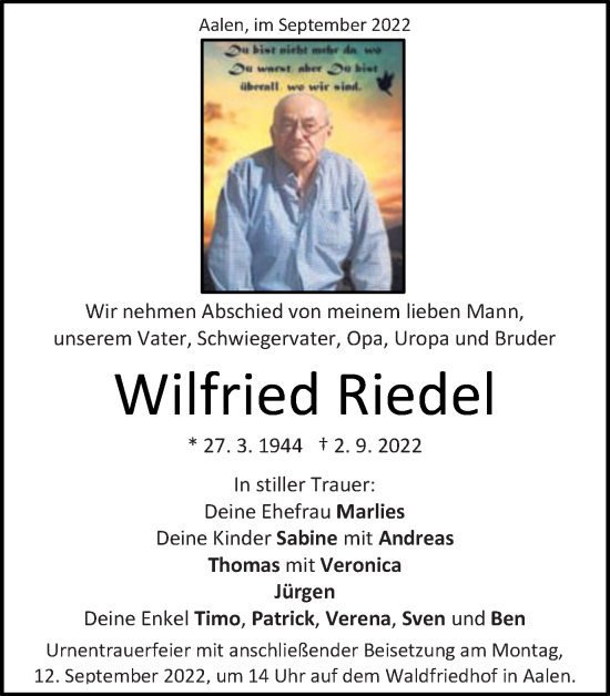 Traueranzeige von Wilfried Riedel von Schwäbische Post