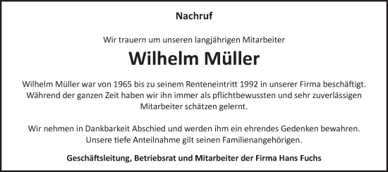 Traueranzeige von Wilhelm Müller von Schwäbische Post