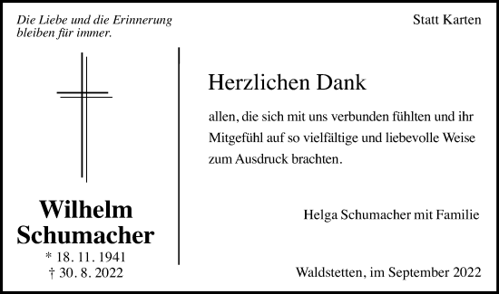 Traueranzeige von Wilhelm Schumacher von Gmünder Tagespost