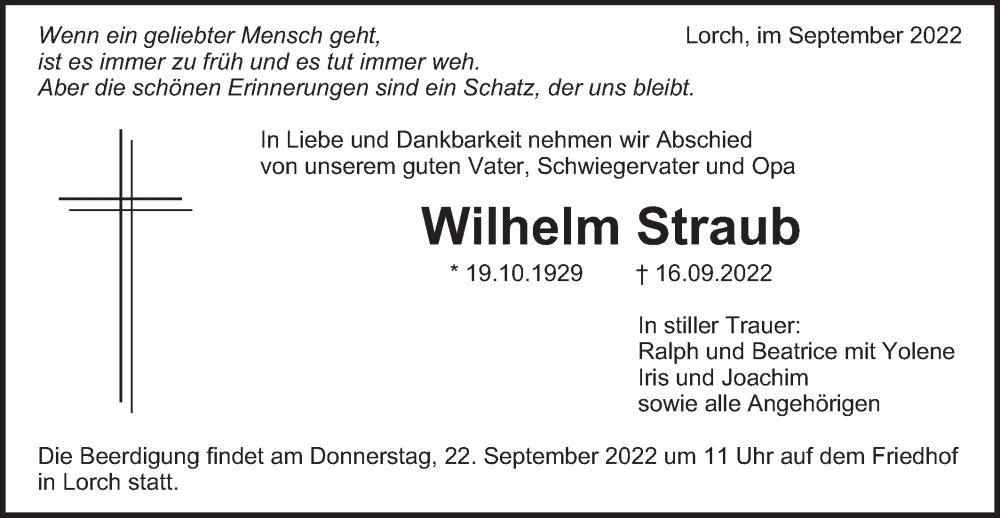  Traueranzeige für Wilhelm Straub vom 20.09.2022 aus Gmünder Tagespost