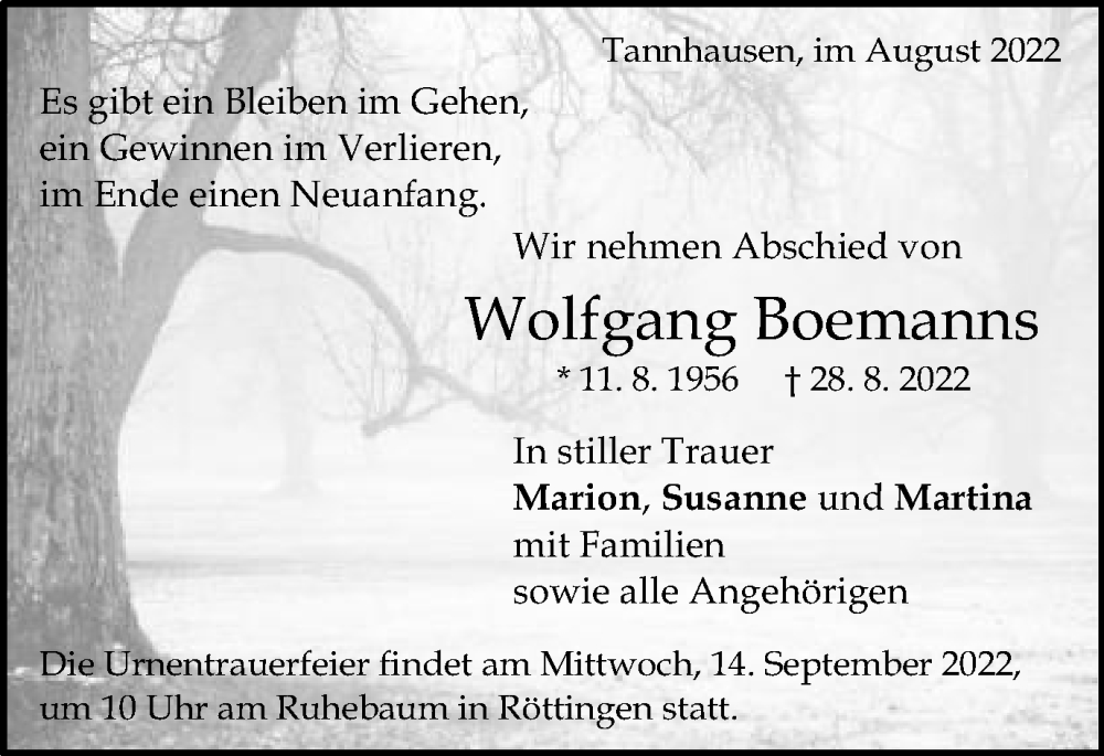  Traueranzeige für Wolfgang Boemanns vom 10.09.2022 aus Schwäbische Post