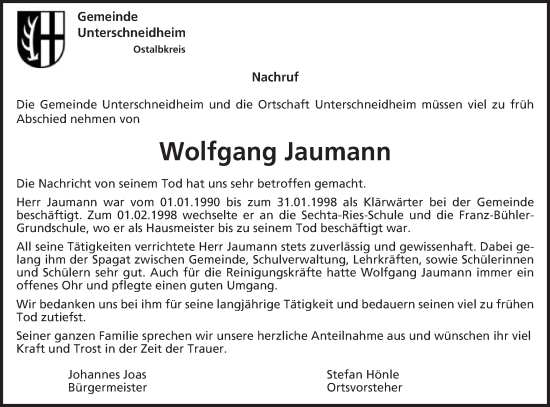 Traueranzeige von Wolfgang Jaumann von Schwäbische Post