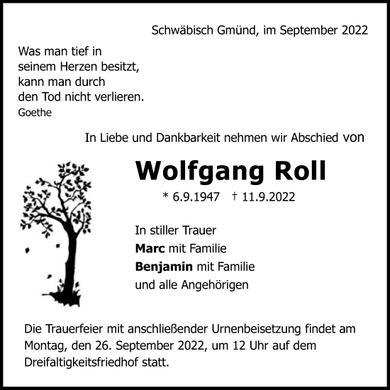 Traueranzeige von Wolfgang Roll von Gmünder Tagespost