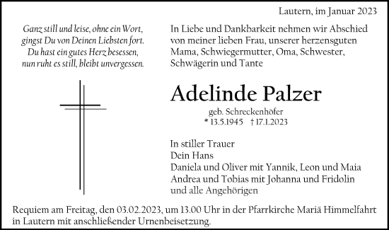 Traueranzeige von Adelinde Palzer von Gmünder Tagespost