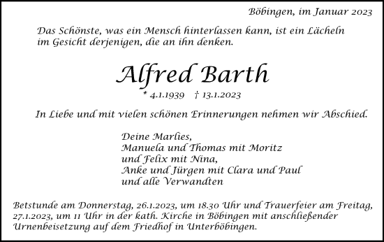 Traueranzeige von Afred Barth von Gmünder Tagespost