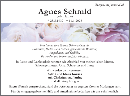 Traueranzeige von Agnes Schmid von Gmünder Tagespost