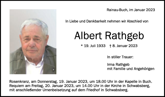 Traueranzeige von Albert Rathgeb von Schwäbische Post