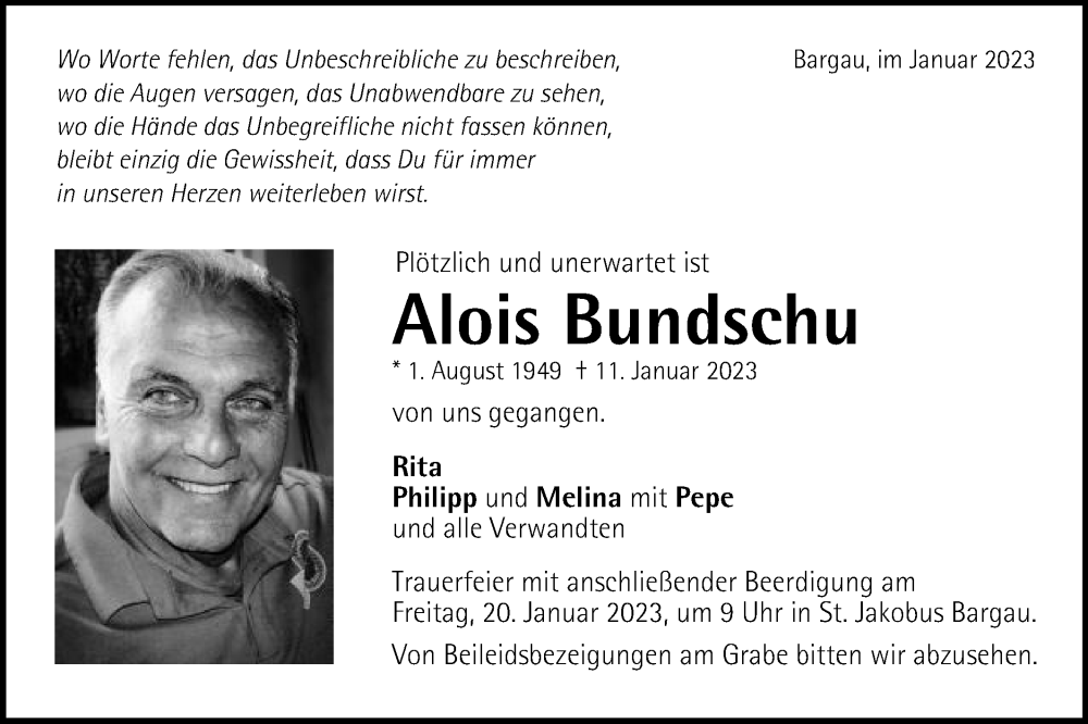  Traueranzeige für Alois Bundschu vom 18.01.2023 aus Gmünder Tagespost