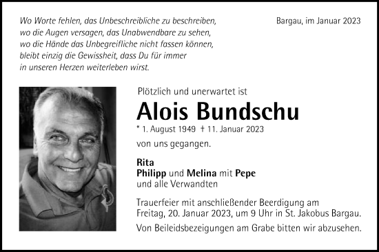 Traueranzeige von Alois Bundschu von Gmünder Tagespost