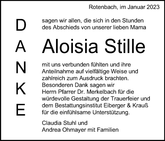 Traueranzeige von Aloisia Stille von Schwäbische Post