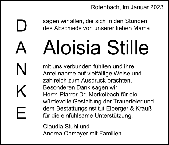 Traueranzeige von Aloisia Stille