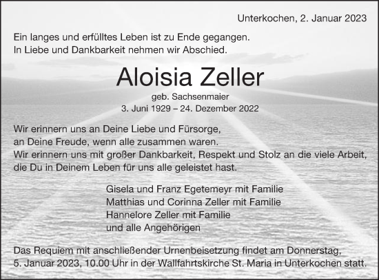 Traueranzeige von Aloisia Zeller von Schwäbische Post