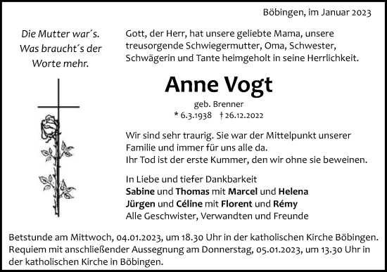 Traueranzeige von Anne Vogt von Gmünder Tagespost