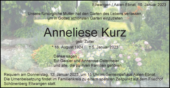 Traueranzeige von Anneliese Kurz von Schwäbische Post