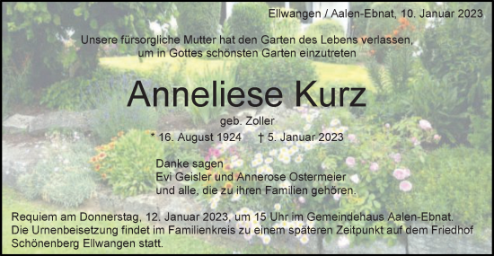 Traueranzeige von Anneliese Kurz