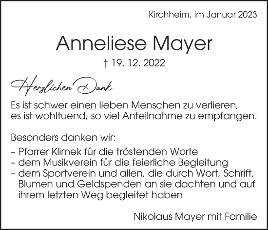 Traueranzeige von Anneliese Mayer von Schwäbische Post