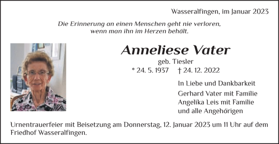 Traueranzeige von Anneliese Vater von Schwäbische Post
