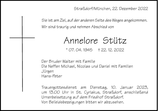 Traueranzeige von Annelore Stütz von Gmünder Tagespost