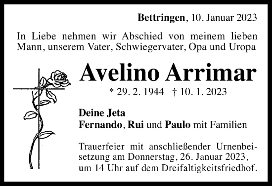 Traueranzeige von Avelino Arrimar von Gmünder Tagespost