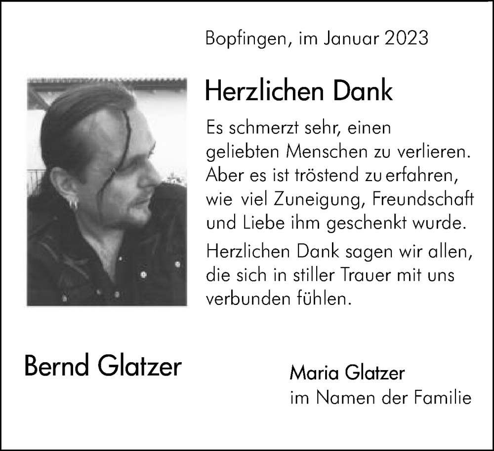  Traueranzeige für Bernd Glatzer vom 07.01.2023 aus Schwäbische Post