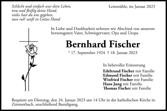 Traueranzeige von Bernhard Fischer von Gmünder Tagespost