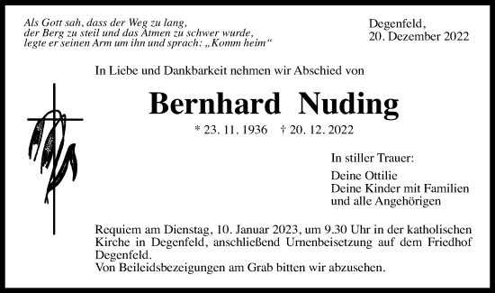 Traueranzeige von Bernhard Nuding von Gmünder Tagespost