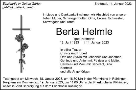 Traueranzeige von Berta Helmle von Schwäbische Post
