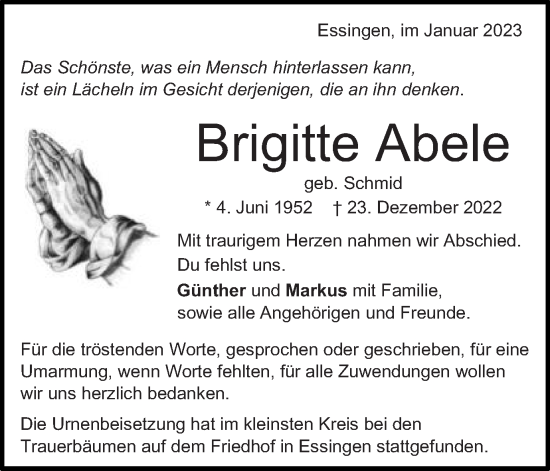 Traueranzeige von Brigitte Abele von Schwäbische Post