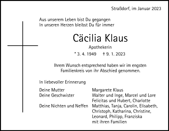 Traueranzeige von Cäcilia Klaus von Gmünder Tagespost