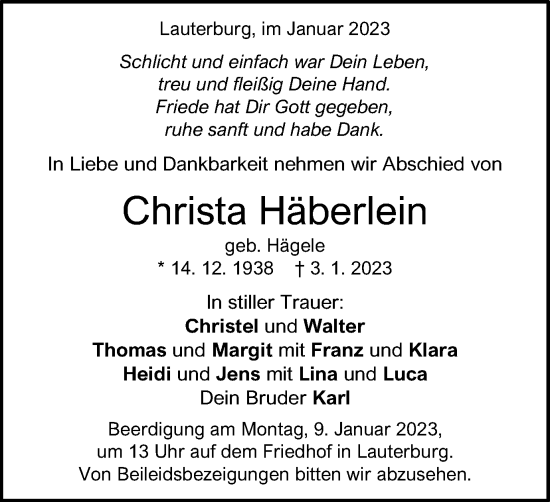 Traueranzeige von Christa Häberlein von Schwäbische Post