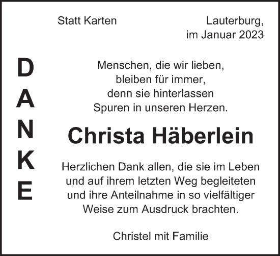 Traueranzeige von Christa Häberlein von Schwäbische Post