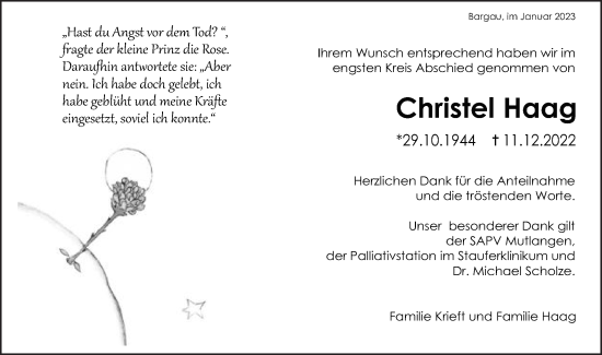 Traueranzeige von Christel Haag von Gmünder Tagespost