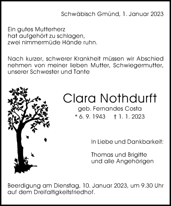 Traueranzeige von Clara Nothdurft von Gmünder Tagespost