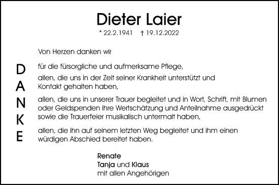 Traueranzeige von Dieter Laier von Schwäbische Post