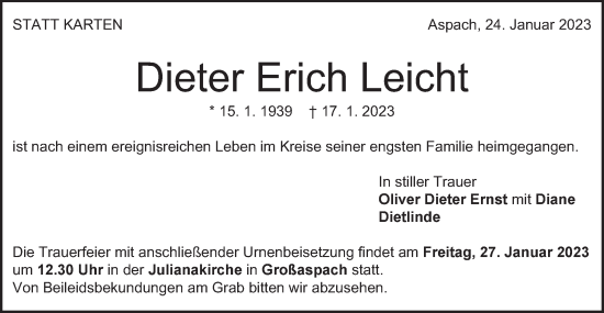Traueranzeige von Dieter Erich Leicht von Gmünder Tagespost
