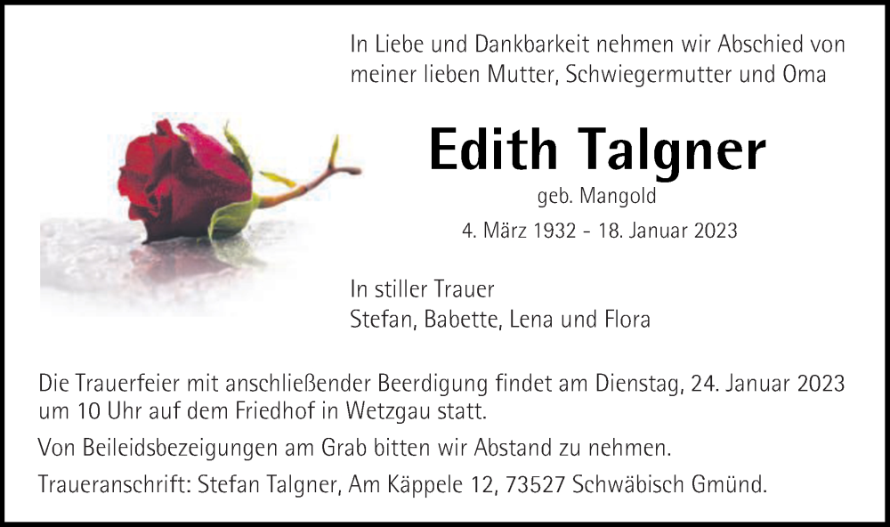 Traueranzeige für Edith Talgner vom 20.01.2023 aus Gmünder Tagespost
