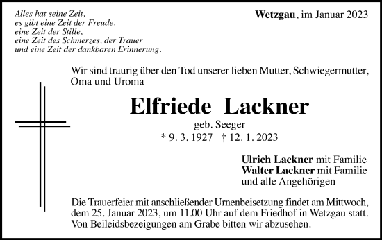 Traueranzeige von Elfriede Lackner von Gmünder Tagespost