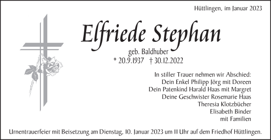 Traueranzeige von Elfriede Stephan von Schwäbische Post