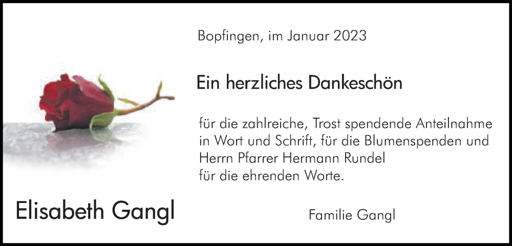  Traueranzeige für Elisabeth Gangl vom 21.01.2023 aus Schwäbische Post