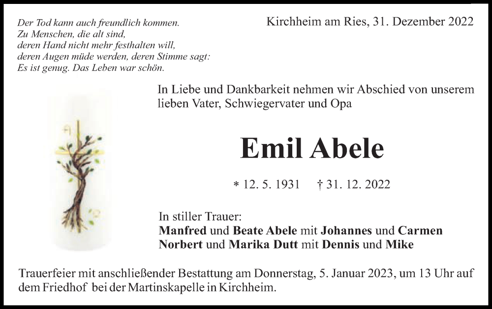  Traueranzeige für Emil Abele vom 03.01.2023 aus Schwäbische Post