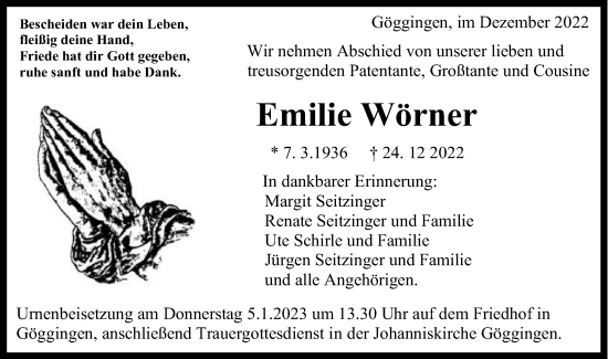 Traueranzeige von Emilie Wörner