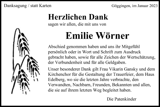 Traueranzeige von Emilie Wörner von Gmünder Tagespost