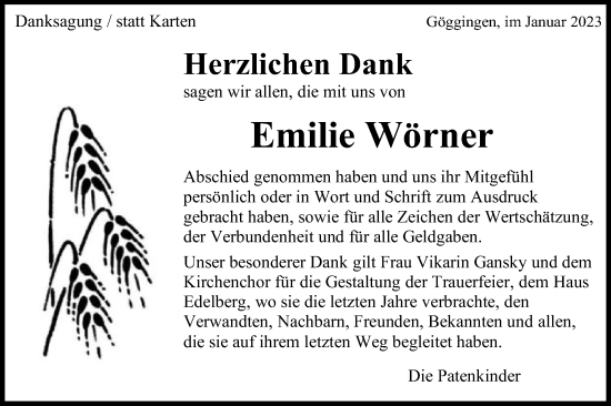 Traueranzeige von Emilie Wörner